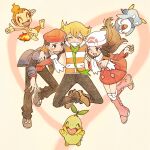  1girl 2boys barry_(pokemon) black_hair black_pants blonde_hair blush boots brown_eyes chimchar closed_eyes coat dawn_(pokemon) fangs gnsn_tori green_scarf grin hat heart highres jacket knee_boots long_sleeves lucas_(pokemon) male_focus multiple_boys one_eye_closed open_mouth pants pink_footwear piplup pokemon pokemon_(creature) pokemon_(game) pokemon_dppt pokemon_platinum red_coat red_headwear scarf sidelocks smile turtwig white_headwear white_scarf 