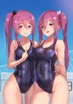  2girls akino_komichi arm_around_waist arm_behind_back ass_visible_through_thighs black_ribbon black_swimsuit blue_sky breasts cleavage collarbone commentary_request competition_swimsuit covered_navel day hair_between_eyes hair_ribbon highleg highleg_swimsuit highres looking_at_viewer medium_breasts multiple_girls one-piece_swimsuit original outdoors purple_eyes purple_hair purple_swimsuit ribbon shiny shiny_hair side_ponytail sidelocks sky standing sweat swimsuit tongue tongue_out two-tone_swimsuit white_ribbon 