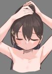  1girl absurdres alternate_hairstyle armpits arms_up bangs blush brown_hair closed_eyes closed_mouth commentary_request cropped_torso facing_viewer fingernails goe_(g-o-e) grey_background hair_between_eyes hair_ornament high_ponytail highres kagura_hikari long_hair nude ponytail shoujo_kageki_revue_starlight simple_background sketch solo sparkle_hair_ornament tying_hair upper_body 