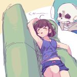  ... 1boy 1other bangs bare_shoulders bow_shirt brown_hair closed_eyes couch frisk_(undertale) lying open_mouth purple_shirt purple_shorts sans shirt short_hair short_shorts shorts skeleton sleeping sleeveless speech_bubble tenya_mizuki undertale white_background 