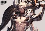  1boy abs angel between_pectorals character_request cleavage_cutout clothing_cutout commentary_request destiny_child dragon_boy dragon_horns dragon_wings drawing_sword dual_wielding feathered_wings full_body halo highres holding holding_sword holding_weapon horns huge_weapon large_pectorals male_focus muscular muscular_male nipples pectoral_cleavage pectorals rinotuna scales short_hair solo stomach sword sword_behind_back weapon white_hair wings 