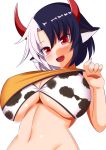  1girl animal_ears animal_print breasts cow_ears cow_girl cow_horns cow_print highres horns huge_breasts multicolored_hair red_horns short_hair solo split-color_hair tank_top touhou two-tone_hair ushizaki_urumi xialu_zajin yellow_tank_top 