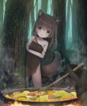  1girl 1other animal_ear_fluff animal_ears bangs bare_arms bare_shoulders black_dress black_gloves blush brown_eyes brown_hair collarbone cooking dirty dress drooling eyebrows_visible_through_hair fire food forest fox_ears fox_girl fox_tail gloves hair_between_eyes hands hungry long_hair looking_at_viewer nature open_mouth original outdoors peeking_out pot pov pov_hands psyche3313 sleeveless sleeveless_dress solo_focus spoon standing steam stew strap_slip tail thighs torn_clothes tree vegetable 
