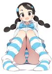  1girl black_hair breasts brown_eyes brown_skirt candice_(pokemon) clothes_around_waist hair_ornament hairclip kneehighs large_breasts long_hair long_sleeves miniskirt multi-tied_hair panties pokemon pokemon_(game) pokemon_dppt shirt skirt solo striped striped_legwear sweater sweater_around_waist tottotonero twintails underwear white_shirt 