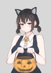  1girl absurdres alternate_costume alternate_hairstyle animal_ears breasts commentary haguro_(kancolle) halloween highres jack-o&#039;-lantern jiangyou_dang kantai_collection low_twintails medium_breasts medium_hair shirt short_twintails sleeveless sleeveless_shirt solo twintails upper_body 