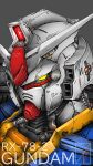  character_name commentary denjyou23 grey_background gundam highres looking_down mecha mobile_suit mobile_suit_gundam no_humans rx-78-2 science_fiction solo v-fin yellow_eyes 