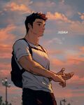  1boy backpack bag blush brown_hair commentary_request feet_out_of_frame highres long_sideburns male_focus muscular muscular_male original pectorals rinotuna shirt short_hair sideburns smile solo sunset thick_eyebrows white_shirt 