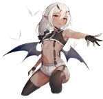  1girl armpits bare_arms bare_shoulders black_choker black_gloves black_legwear black_shirt breasts choker collared_shirt commentary crop_top cropped_legs dark_skin demon_girl demon_wings fang garter_straps gloves grey_shorts hair_between_eyes hair_ribbon highres long_hair looking_at_viewer looking_away micro_shorts midriff navel no_bra open_mouth original outstretched_arm partially_fingerless_gloves pointy_ears red_eyes revealing_clothes ribbon shirt shorts simple_background sleeveless sleeveless_shirt small_breasts snozaki solo stomach suspenders thighhighs thighs underboob white_background white_hair wings 