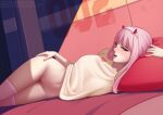  1girl bangs blush bottomless commentary darling_in_the_franxx deilan12 english_commentary eyeliner female_pubic_hair green_eyes hairband horns long_hair looking_at_viewer lying makeup navel on_side open_mouth pillow pink_hair pink_legwear pubic_hair red_horns shirt sidelocks solo thighhighs white_hairband zero_two_(darling_in_the_franxx) 
