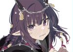  1girl arknights black_jacket blush braid chain clenched_teeth commentary demon_horns diamond-shaped_pupils diamond_(shape) highres hood hood_down hooded_jacket horn_ornament horns jacket lava_(arknights) lava_the_purgatory_(arknights) long_hair looking_at_viewer official_alternate_costume one-hour_drawing_challenge pointy_ears portrait purple_eyes purple_hair simple_background sketch solo sweatdrop symbol-shaped_pupils teeth tetuw white_background 