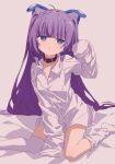  1girl :o azur_lane bangs bed_sheet blue_eyes blunt_bangs brown_background collar collared_shirt commentary_request dress_shirt eyebrows_visible_through_hair hand_up long_sleeves looking_at_viewer no_shoes oueo over-kneehighs parted_lips purple_hair red_collar shirt simple_background sitting sleeves_past_fingers sleeves_past_wrists solo tashkent_(azur_lane) thighhighs wariza white_legwear white_shirt 