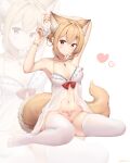  1girl absurdres animal_ear_fluff animal_ears arm_behind_head armpits arms_up babydoll bare_arms bare_shoulders blonde_hair bottomless breasts collarbone extra_ears fox_ears fox_girl fox_tail frills hair_ornament hairclip halterneck haruka_poi highres looking_at_viewer medium_breasts mole mole_under_eye navel no_shoes original pubic_tattoo red_eyes short_hair simple_background sitting smile solo spaghetti_strap stomach tail tattoo thighhighs wariza white_background white_legwear zoom_layer 