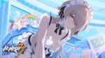  1girl bangs brown_hair commentary earrings frilled_swimsuit frills grin hair_over_one_eye hand_on_own_chest highres honkai_(series) honkai_impact_3rd jewelry liliya_olenyeva long_hair looking_at_viewer maid maid_headdress maid_swimsuit mole mole_under_eye official_art one-piece_swimsuit open_mouth purple_eyes rita_rossweisse rita_rossweisse_(phantom_iron) rozaliya_olenyeva smile solo swimsuit teeth twintails 