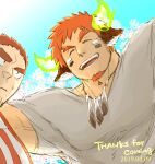  2boys :d ^_^ animal_ears arm_around_shoulder bara casual closed_eyes commentary_request cow_boy cow_ears cow_horns dated facial_hair feather_necklace fiery_horns forked_eyebrows from_below frown goatee grey_shirt gunzo_(housamo) highres horns large_pectorals long_sideburns looking_at_another male_focus multiple_boys muscular muscular_male pectorals pole2walker2 pout rugby_uniform shirt short_hair sideburns smile spiked_hair sportswear stubble sweatdrop thick_eyebrows tokyo_afterschool_summoners wakan_tanka 