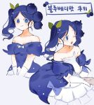  1girl :3 :d blue_bow blue_dress blue_eyes blue_hair blueberry_cookie blueberry_hair_ornament blush bow closed_mouth colored_eyelashes commentary cookie_run dress dress_bow food-themed_hair_ornament gaeguribanchan gloves hair_ornament humanization leaf_hair_ornament looking_at_viewer multiple_views off-shoulder_dress off_shoulder short_sleeves side_ponytail smile white_gloves 
