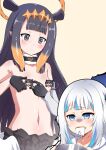  2girls asymmetrical_sleeves bangs black_gloves blue_hair blunt_bangs breast_milk bucket censored character_censor commentary disgust flat_chest fuyumi_kazuki gawr_gura gloves gradient_hair hair_flaps halo highres hololive hololive_english lactation long_hair looking_at_another low_wings milk mismatched_sleeves mole mole_under_eye multicolored_hair multiple_girls navel ninomae_ina&#039;nis no_bra novelty_censor orange_hair partially_undressed purple_hair stomach very_long_hair virtual_youtuber vomiting walfie_(style) white_hair wings 