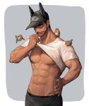  1boy :q abs animal_ears animal_on_shoulder bara bare_pectorals beard bird bird_on_shoulder black_male_underwear bulge clothes_lift commentary_request dark-skinned_male dark_skin facial_hair fake_animal_ears feet_out_of_frame flying headwear_request highres large_pectorals lifted_by_self male_focus male_underwear male_underwear_peek mature_male muscular muscular_male nipples original pectorals rinotuna see-through shirt shirt_lift short_hair solo stomach tongue tongue_out underwear wet wet_clothes wet_shirt 