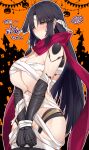  1girl android bandages bangs black_hair blush breasts fate/grand_order fate_(series) halloween highres joints katou_danzou_(fate) large_breasts long_hair naked_bandage parted_bangs red_scarf robot_joints scarf sebire sidelocks solo thighs yellow_eyes 