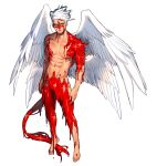  1boy abs blood blood_on_face commentary_request demon_tail destiny_child dripping feathered_wings floating flying full_body glint highres looking_at_viewer male_focus monster_boy multiple_wings muscular muscular_male navel nipples original pectoral_cleavage pectorals rinotuna short_hair sideburns solo spikes stomach tail white_background wind wings 