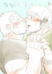  2boys animal_ears bara black_shirt blush casual commentary_request couple cow_boy cow_ears cow_horns ear_blush ear_down facial_hair fiery_horns forked_eyebrows from_side goatee green_shirt gunzo_(housamo) highres holding_hands horns imminent_kiss licking licking_another&#039;s_face licking_another&#039;s_lips long_sideburns male_focus multiple_boys muscular muscular_male nose_blush noses_touching pole2walker2 scar scar_on_arm scar_on_cheek scar_on_face shirt short_hair sideburns spiked_hair stubble sweatdrop thick_eyebrows tokyo_afterschool_summoners tongue tongue_out translated unfinished upper_body wakan_tanka yaoi 