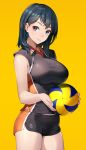  1girl ball bangs black_eyes black_hair breasts closed_mouth commentary coon cowboy_shot dolphin_shorts haikyuu!! holding holding_ball looking_at_viewer medium_breasts mole mole_under_mouth shimizu_kiyoko shirt shorts smile solo sportswear standing volleyball volleyball_uniform yellow_background 