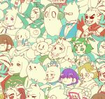  alphys annoying_dog aqua_background asgore_dreemurr asriel_dreemurr chara_(undertale) dog everyone eyepatch flowey_(undertale) frisk_(undertale) ghost glasses grillby headphones mettaton mettaton_ex mettaton_neo monster monster_boy monster_girl muffet napstablook open_mouth papyrus photoshop_flowey robot shirt simple_background smile standing teeth tenya_mizuki undertale undyne undyne_the_undying white_shirt 