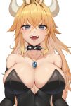  1girl bangs bare_shoulders black_leotard blonde_hair blue_eyes bowsette breasts choker cleavage collar commentary crown detached_sleeves elbow_gloves fangs gloves highres horns jewelry k.pumpkin large_breasts leotard looking_at_viewer mario_(series) necklace new_super_mario_bros._u_deluxe solo spiked_collar spikes super_crown tongue unfinished upper_body 