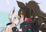  2girls :&lt; animal_ears bangs beige_shirt black_bow black_hoodie blush bow braid closed_eyes commentary_request eyebrows_visible_through_hair fox_ears fox_girl green_eyes hair_between_eyes hair_bow hair_ornament hairclip highres holding_hands hololive hood hoodie long_hair long_sleeves looking_at_another multicolored_hair multiple_girls ookami_mio open_mouth petals ponytail red_hair shirakami_fubuki sidelocks single_braid smile streaked_hair virtual_youtuber wolf_ears wolf_girl yoshino_kagami 