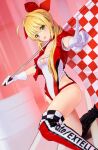  1girl ahoge ass blonde_hair breasts emanon123 fate/extra fate/grand_order fate_(series) flag gloves green_eyes hair_ribbon highres holding holding_flag long_hair looking_at_viewer nero_claudius_(fate) nero_claudius_(fate/extra) pointing race_queen ribbon smile solo white_gloves 