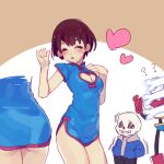  1other 2boys =_= ? ?? bangs black_pants blue_jacket blue_shirt blush breasts brown_hair china_dress chinese_clothes cleavage_cutout clothing_cutout dress frisk_(undertale) hand_on_own_chest hand_up heart jacket medium_breasts multiple_boys multiple_views no_pants open_mouth pants papyrus_(undertale) sans shirt short_hair short_sleeves simple_background skeleton standing sweatdrop tenya_mizuki undertale upper_body white_background 
