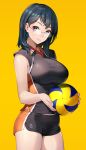  1girl ball bangs black_eyes black_hair breasts closed_mouth commentary coon cowboy_shot dolphin_shorts glasses haikyuu!! holding holding_ball looking_at_viewer medium_breasts mole mole_under_mouth rimless_eyewear shimizu_kiyoko shirt shorts smile solo sportswear standing volleyball volleyball_uniform yellow_background 