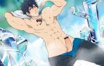  1boy abs bar_censor bara black_hair black_pants blue_eyes blue_male_underwear blush boxers censored chest_tattoo clenched_teeth clothes_pull commentary cross cross_necklace day erection fairy_tail gray_fullbuster jewelry kurosilver looking_at_viewer male_focus male_underwear male_underwear_pull muscular muscular_male navel necklace nipples outdoors pants pants_pull pectorals penis shirt shirt_removed short_hair solo tattoo teeth thick_thighs thighs underwear undressing white_shirt 