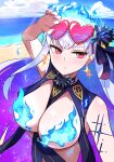  1girl bangs bare_shoulders beach blue_fire blue_hair blue_sky blush body_markings breasts day earrings fate/grand_order fate_(series) fire flower hair_flower hair_ornament hair_ribbon highres jewelry kama_(fate) kama_(swimsuit_avenger)_(fate) large_breasts long_hair looking_at_viewer lotus maou_nerunerune multicolored_hair ocean red_eyes revealing_clothes ribbon shore silver_hair sky solo star_(symbol) star_earrings two-tone_hair 