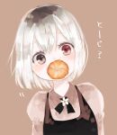  1girl bangs black_dress black_eyes black_hair black_ribbon blush brown_background child collared_shirt dress flower flower_neckwear food food_in_mouth fruit grey_hair grey_shirt heterochromia highres juliet_sleeves kaneki_ichika long_sleeves mandarin_orange mouth_hold multicolored_hair neck_ribbon pinafore_dress puffy_sleeves red_eyes ribbon shirt short_hair simple_background solo tokyo_ghoul tokyo_ghoul:re toukaairab translation_request two-tone_hair upper_body white_flower 