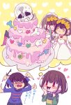  2girls 2others =_= angry bangs bare_shoulders blush bone bride brown_hair cake chara_(undertale) closed_mouth crying dog dress earrings flower food frisk_(undertale) gloves green_shirt hair_flower hair_ornament hand_on_own_face heart heart_background holding holding_knife holding_stick jewelry knife knight long_sleeves looking_at_another looking_up multiple_girls multiple_others open_mouth purple_shirt red_eyes sans shirt simple_background skeleton smile snail stick striped striped_shirt sweat sweatdrop tenya_mizuki thought_bubble undertale waving wedding_cake wedding_dress white_background white_dress yellow_background yellow_flower 