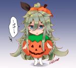  1girl artist_name bangs blue_background braid commentary_request full_body gradient gradient_background green_eyes green_hair grey_background hair_between_eyes hair_flaps hair_ornament hair_ribbon hairclip halloween halloween_costume hokuna_rin jack-o&#039;-lantern kantai_collection long_hair looking_at_viewer one-hour_drawing_challenge parted_bangs ponytail pumpkin_costume pumpkin_hat remodel_(kantai_collection) ribbon sidelocks solo twin_braids yamakaze_(kancolle) 
