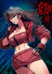  1girl bare_knuckle blaze_fielding blue_eyes breasts brown_hair cleavage closed_mouth copyright_name cowboy_shot ears fingerless_gloves gloves grin hand_on_hip headband highres jacket large_breasts long_hair looking_at_viewer midriff miniskirt mole mole_under_mouth navel red_skirt simple_background skirt smile solo strapless tube_top tukiwani zipper 