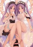  1boy 2girls armlet bangs bare_shoulders barefoot blush bracelet breasts censored collarbone double_footjob dress euryale_(fate) fate/hollow_ataraxia fate_(series) feet ffm_threesome footjob frilled_hairband frills group_sex hairband halo hetero jewelry legs long_hair looking_at_viewer lypele multiple_girls multiple_handjob parted_bangs penis purple_eyes purple_hair ring sidelocks small_breasts smile soles stheno_(fate) thighlet threesome toes twintails very_long_hair white_dress 