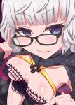  1girl bangs black_dress black_jacket blue_eyes breasts cleavage cropped_jacket dress fate/grand_order fate_(series) glasses grey_hair hood hooded_jacket ikue_fuuji index_finger_raised jacket jacques_de_molay_(foreigner)_(fate) large_breasts long_sleeves looking_at_viewer open_clothes open_jacket short_dress short_hair smile solo thighs 