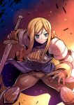  1girl agrias_oaks armor blonde_hair blue_eyes braid breasts closed_mouth final_fantasy final_fantasy_tactics gloves highres knight long_hair simple_background single_braid solo sword tukiwani weapon 