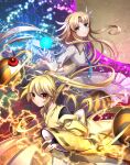  2girls bangs black_bodysuit blonde_hair blue_necktie bodysuit breasts bridal_gauntlets collared_dress commentary_request detached_sleeves electricity energy_ball fingernails floating floating_hair floating_object forehead_jewel frilled_sleeves frills gold_trim hair_between_eyes japanese_clothes kikuri_(touhou) kimono large_breasts light_particles long_hair looking_at_viewer multiple_girls necktie parted_bangs ponytail red_eyes ribbon-trimmed_sleeves ribbon_trim sea_scorpion_(umisasori) serious sidelocks tiara touhou touhou_(pc-98) wide_sleeves wing_collar yellow_kimono yuugenmagan 