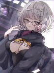  1girl bangs black_dress black_jacket blue_eyes breasts cleavage cropped_jacket dress fate/grand_order fate_(series) glasses grey_hair highres hood hood_down hooded_jacket jacket jacques_de_molay_(foreigner)_(fate) large_breasts long_sleeves looking_at_viewer open_clothes open_jacket short_hair smile touko_56 