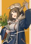  1girl :d animal_ears animal_on_head arknights blue_coat blue_skirt bouquet brown_hair coat collarbone fennec_fox flower fox_ears holding holding_bouquet lanzi_(415460661) long_hair on_head open_clothes open_coat open_mouth perfumer_(arknights) ponytail shirt signature sketch skirt smile solo teeth upper_body upper_teeth white_shirt yellow_background yellow_flower 