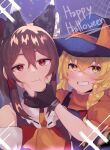  2girls :t adapted_costume animal_ears ascot bangs bare_shoulders blonde_hair blue_background blurry blurry_background blush bow braid brown_hair cat_ears closed_mouth commentary detached_sleeves eyebrows_behind_hair fake_animal_ears fang fang_out frilled_bow frills grin hair_between_eyes hair_tubes hakurei_reimu halloween hat hat_bow highres kirisame_marisa light_particles long_hair looking_at_viewer majime_joe multiple_girls orange_ascot orange_bow puffy_short_sleeves puffy_sleeves red_eyes short_sleeves side_braid silk simple_background single_braid skin_fang smile spider_web symbol-only_commentary touhou turtleneck upper_body witch_hat yellow_eyes 
