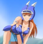  1girl armlet armor belt blue_armor breasts brown_eyes brown_hair cleavage closed_mouth daisy_(dq) dragon_quest dragon_quest_yuusha_abel_densetsu fake_horns helmet horned_helmet horns long_hair looking_at_viewer sentihistory solo 