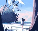  1girl barefoot beach black_hair highres long_hair ocean original outdoors pink_clouds sand scenery ship shipwreck shirt sky taizo4282 walking watercraft white_shirt 