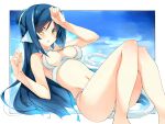  1girl animal_ears bangs bare_arms bare_legs bare_shoulders bikini blue_hair blue_sky border breasts cat_ears cat_girl cat_tail commentary_request eyebrows_visible_through_hair highres kuon_(utawarerumono) long_hair looking_at_viewer medium_breasts narumiya_(empty_cafe) navel parted_bangs parted_lips sky solo swimsuit tail thighs utawarerumono utawarerumono:_itsuwari_no_kamen white_bikini yellow_eyes 