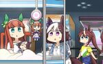  4girls animal_ears arcade arcade_cabinet backpack bag blue_jacket blue_shorts brown_hair ceiling_light character_doll chibi commentary_request crane_game dress hamu_koutarou highres horse_ears horse_girl horse_tail indoors jacket jewelry long_hair looking_at_another midriff mihono_bourbon_(umamusume) multiple_girls necklace off-shoulder_shirt off_shoulder open_clothes open_jacket orange_hair partial_commentary ponytail raised_eyebrows shirt short_hair shorts silence_suzuka_(umamusume) special_week_(umamusume) sweatdrop tail tokai_teio_(umamusume) triangle_mouth umamusume v-shaped_eyebrows walking white_dress white_shirt yellow_shirt 