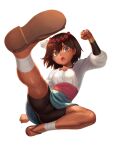  1girl ajna_(indivisible) ankle_wrap beads bike_shorts bracelet breasts brown_hair dark-skinned_female dark_skin hair_ornament highres indivisible jewelry long_hair looking_at_viewer open_mouth ranma_(kamenrideroz) sandals short_hair simple_background solo white_background 