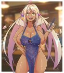  1girl apron areolae bangs blonde_hair blue_apron blush breasts commentary cup dark-skinned_female dark_skin disposable_cup drinking_straw eyebrows_visible_through_hair hand_on_hip highres hololive hololive_english huge_breasts iced_latte_with_breast_milk_(meme) konaloid limiter_(tsukumo_sana) looking_at_viewer meme nipple_slip nipples open_mouth planet_hair_ornament smile solo tsukumo_sana twintails virtual_youtuber yatagarasu_(tsukumo_sana) yellow_eyes 